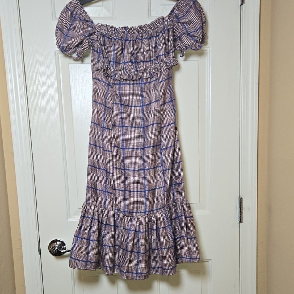 Y.SWAG S Peplum Dress Plaid Off-Shoulder Academia CUTE Cottage Prairie Milk Maid